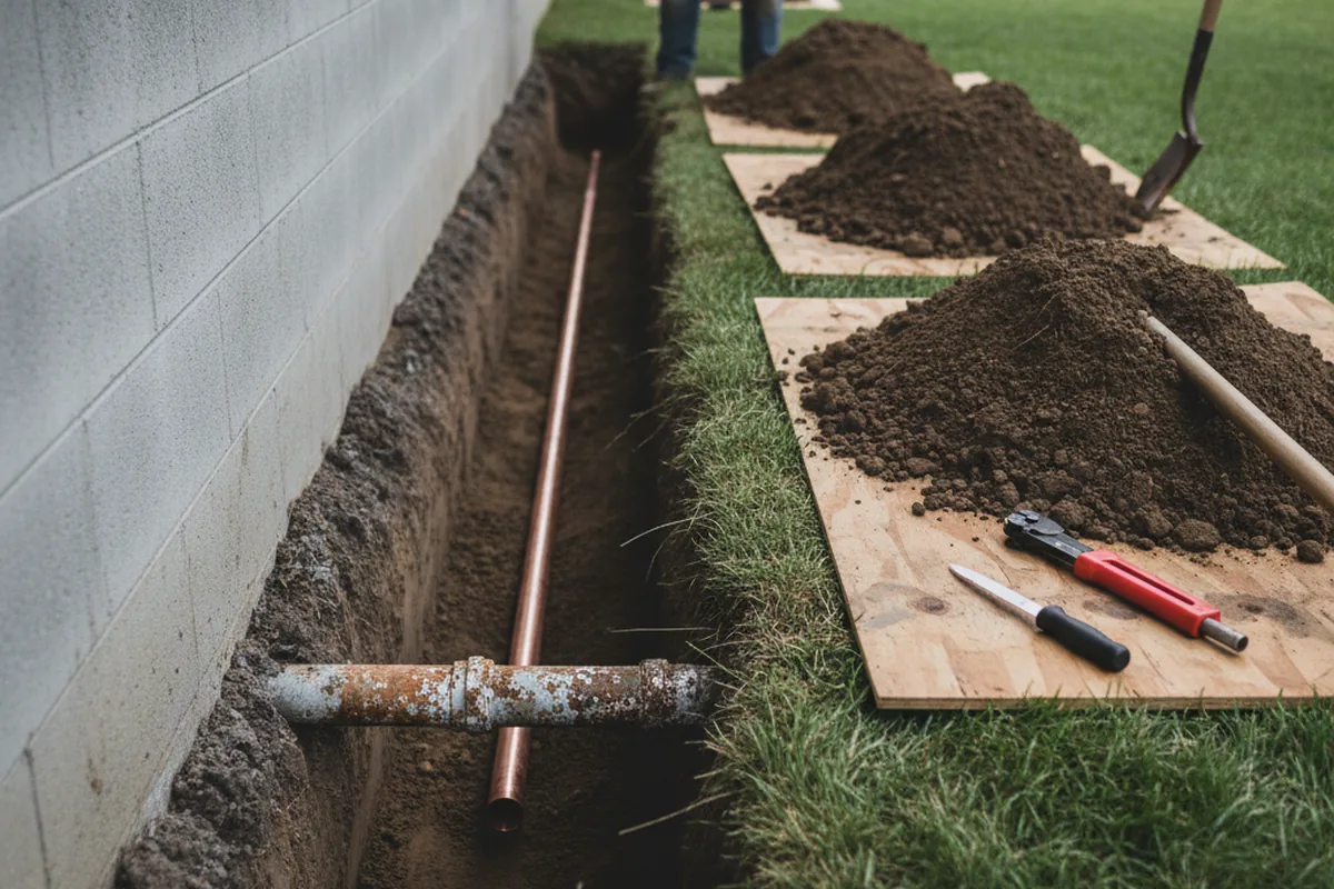 Excavated water line trench during Water Softener Installation in Pleasant Hill